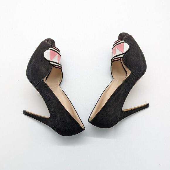 Chrissie Morris Black Suede Peep Toe Heels Pink Geometric Toe Pattern Size 40 - Picture 10 of 10